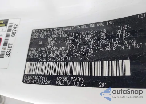 2007 Toyota Tundra Sr5 4.7L V8 z USA, uszkodzony, nr VIN 5TBDT54137S454154